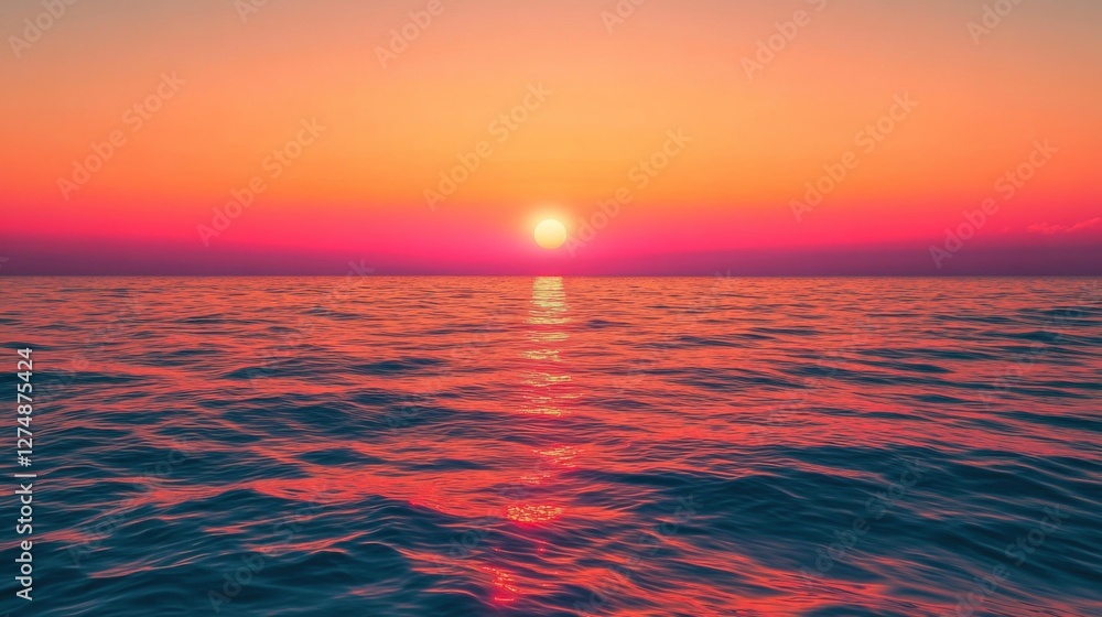 Fototapeta premium Serene Sunset Over Calm Ocean Waves with Vibrant Colors Reflecting on Water Surface