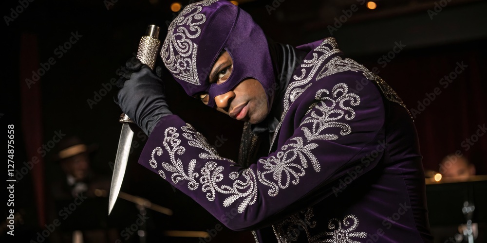 Performance of a masked dancer in a purple costume showcasing skill with a dagger on stage during an evening event