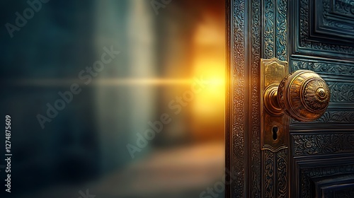 A beautifully ornate door partially open, revealing a warm glow of light in a mysterious hallway