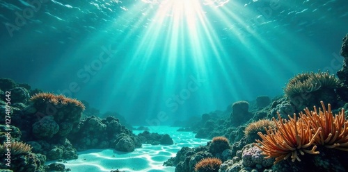Turquoise ocean floor illuminated by sunbeams, coral and seaweed , sunbeams, turquoise