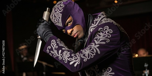Obraz na płótnie Performance of a masked dancer in a purple costume showcasing skill with a dagger on stage during an evening event w salonie