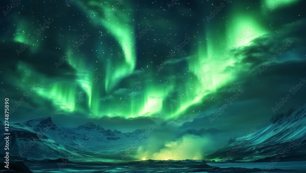 Arctic Aurora Borealis over mountains, night sky, geothermal steam, travel poster Arctic Aurora Borealis over mountains, night sky, geothermal steam, travel poster