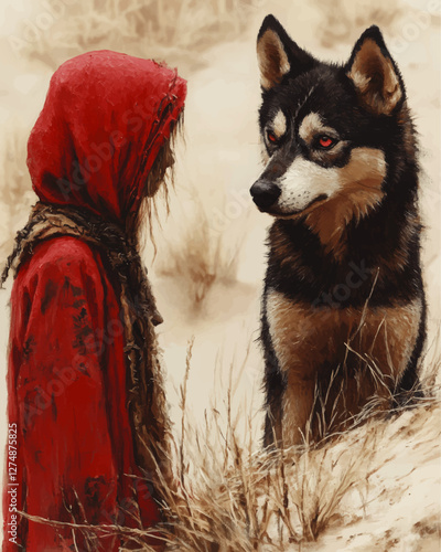 Red Hooded Figure Faces Wolf in Desert Landscape - Vector Art of Mysterious Encounter in Nature with Intricate Details, Surreal Fantasy Scene, Wildlife Concept