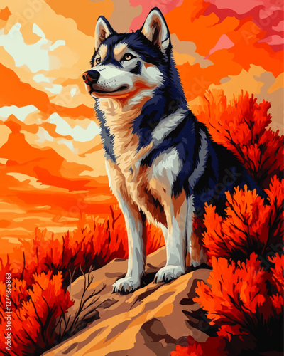 Majestic Husky Dog in Vibrant Sunset Landscape Vector Art with Fiery Red Foliage, Perfect for Nature Enthusiasts and Digital Art Lovers Seeking Bold Colors