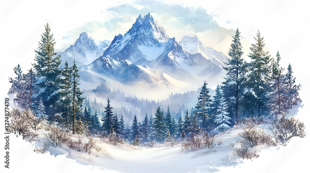 Fototapeta premium Snow covered mountains with trees on snowy day for travel backgrounds and desktop wallpaper