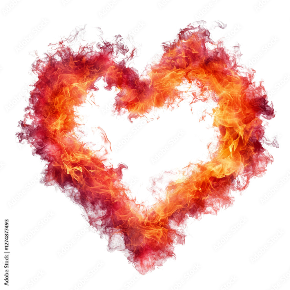 Flaming heart shape made of vibrant fire and smoke, symbolizing passion and love. intense colors create striking visual impact, evoking strong emotions Flaming heart shape made of vibrant fire and smoke, symbolizing passion and love. intense colors create striking visual impact, evoking strong emotions