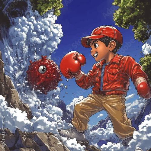 Dynamic Anime Adventure with Boy in Red Jacket and Boxing Gloves Battling Virus Monster in Mountain Landscape - Vibrant Imagery and Action photo