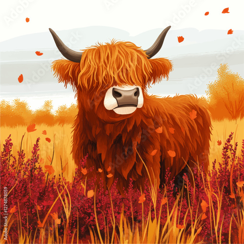 Charming Highland Cow Vector Art in Vibrant Autumn Field with Long Hair and Horns, Surrounded by Falling Leaves and Colorful Foliage, Capturing Rustic Beauty