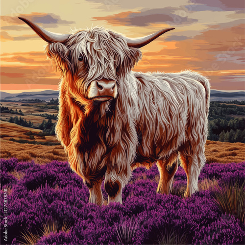 Majestic Highland Cow Vector Art in Vibrant Purple Heather Field with Scenic Sunset Landscape - Perfect for Rustic Decor and Nature-Themed Designs