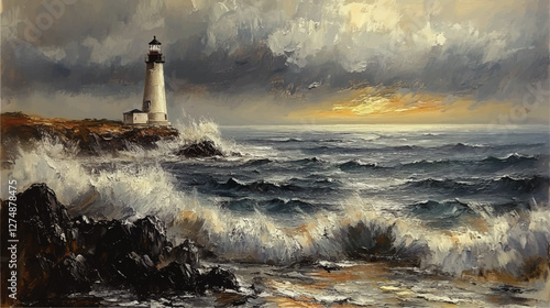 Stunning Vector Art of Lighthouse on Rocky Coast Amidst Crashing Ocean Waves Under Dramatic Sky at Sunrise - Perfect for Nautical and Maritime Wall Art Decor