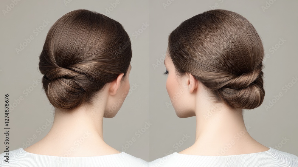 A neatly tied low bun with a twisted braid design adding depth to the style A neatly tied low bun with a twisted braid design adding depth to the style
