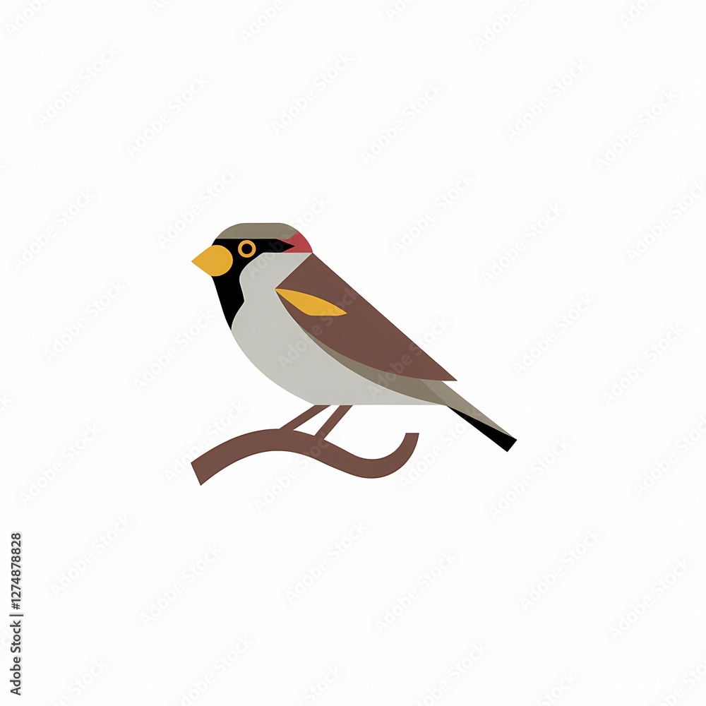 Fototapeta premium Minimalist Sparrow Bird Logo on Curved Branch