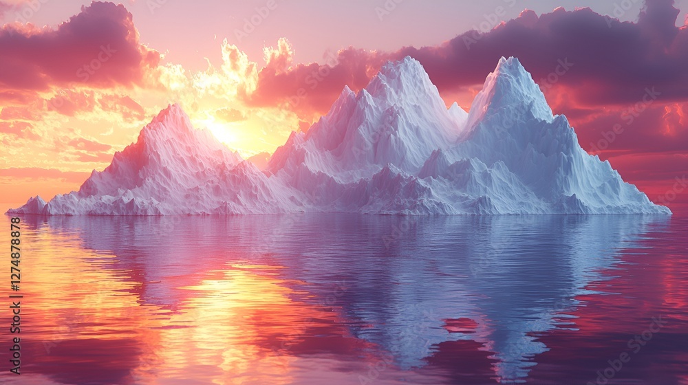 Obraz premium Iceberg Sunset Reflection, Majestic Landscape, Peaceful Scene, Stock Photo
