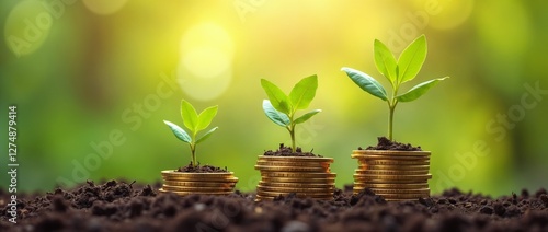 Wallpaper Mural A symbolic representation of financial growth, sustainability, and investments illustrated using plants growing on coins surrounded by soil with a vibrant natural background.

 Torontodigital.ca