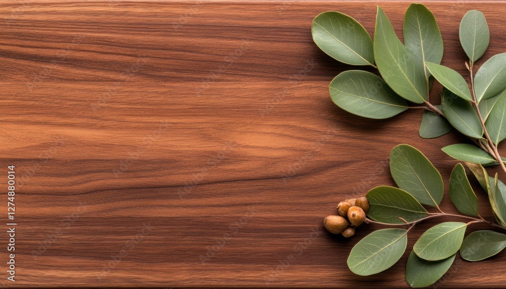 Wooden Background with Green Leaves and Berries Wooden Background with Green Leaves and Berries