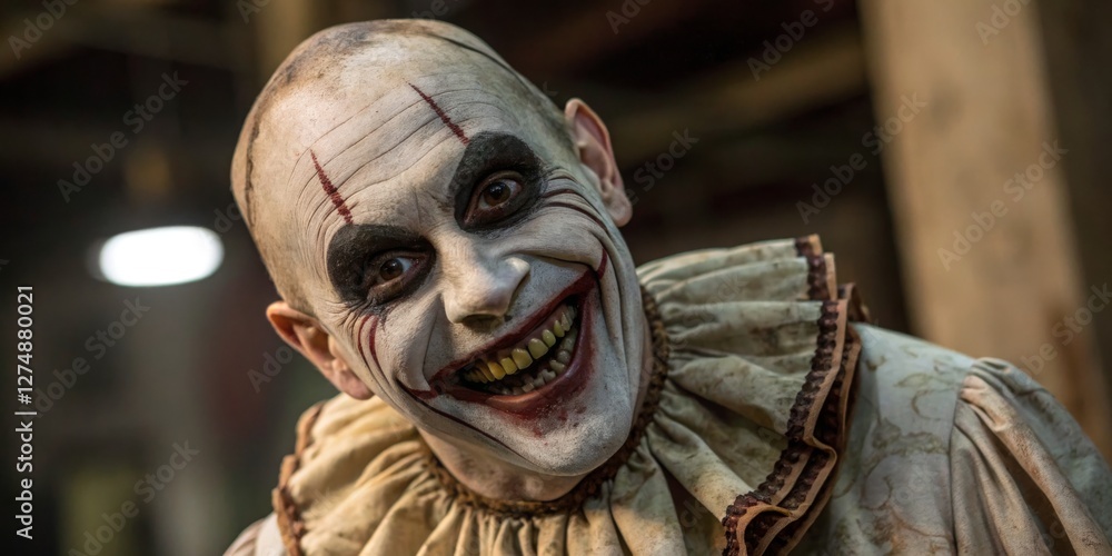 Creepy clown in dark interior setting evokes fear and unease during a mysterious event