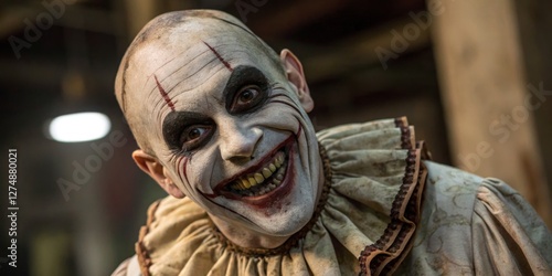 Obraz na płótnie Creepy clown in dark interior setting evokes fear and unease during a mysterious event w salonie