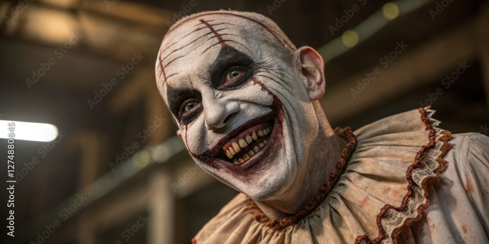 Creepy clown performing at a haunted attraction during nighttime festivities in an abandoned warehouse