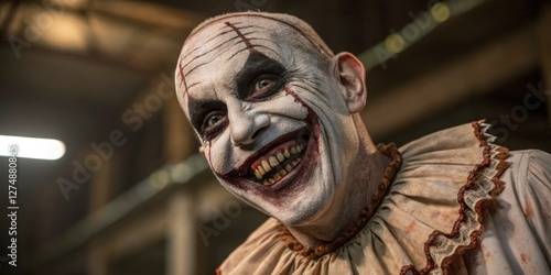 Obraz na płótnie Creepy clown performing at a haunted attraction during nighttime festivities in an abandoned warehouse w salonie