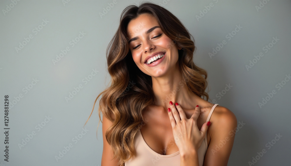 Elegant woman joyfully smiling while touching her chest, showcasing her manicure and wavy hair.
Elegant woman joyfully smiling while touching her chest, showcasing her manicure and wavy hair.