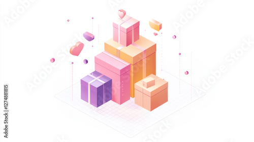 A Colorful gift boxes stacked together with hearts floating around them