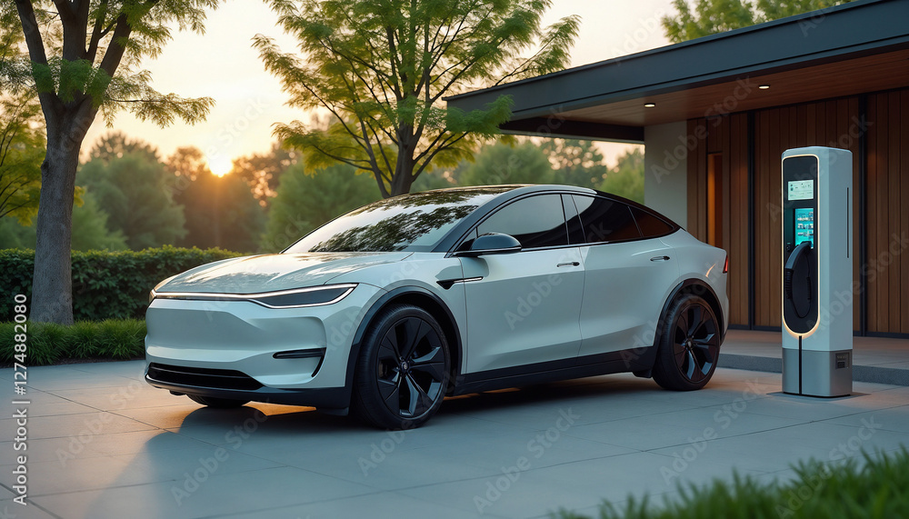 A sleek electric vehicle charges at a designated station, set against the backdrop of a contemporary residence surrounded by lush greenery.
A sleek electric vehicle charges at a designated station, set against the backdrop of a contemporary residence surrounded by lush greenery.