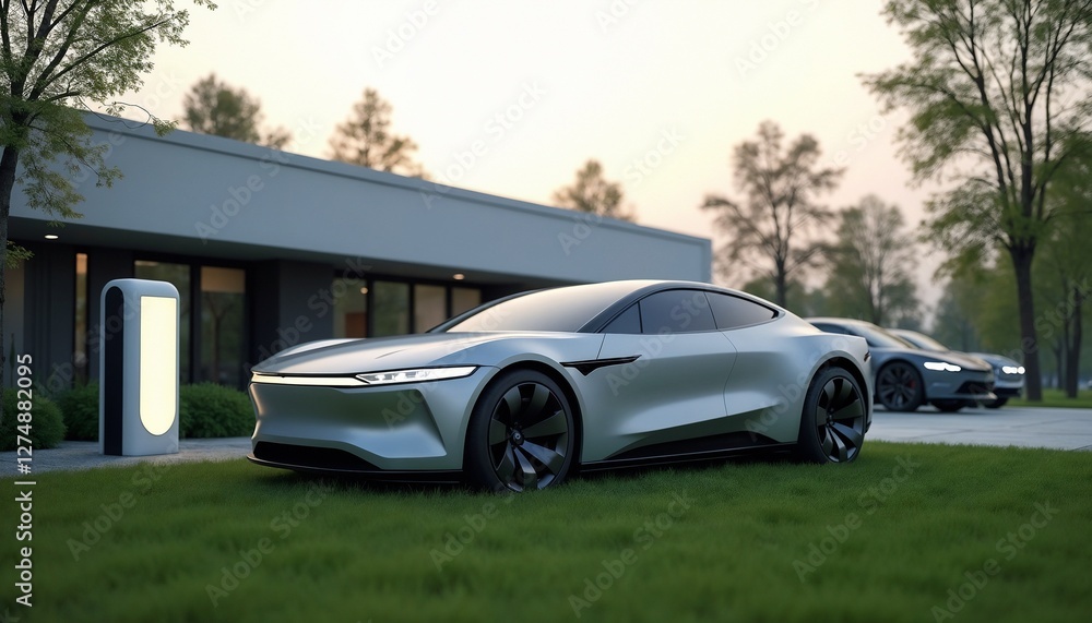 A sleek electric vehicle charges at a designated station, set against the backdrop of a contemporary residence surrounded by lush greenery.
A sleek electric vehicle charges at a designated station, set against the backdrop of a contemporary residence surrounded by lush greenery.