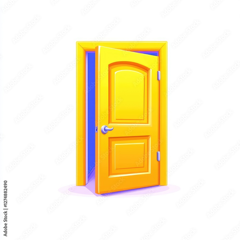 A partially open yellow door, with a subtle gradient, stands against a white background. The door has a classic design with raised panels. A partially open yellow door, with a subtle gradient, stands against a white background. The door has a classic design with raised panels.