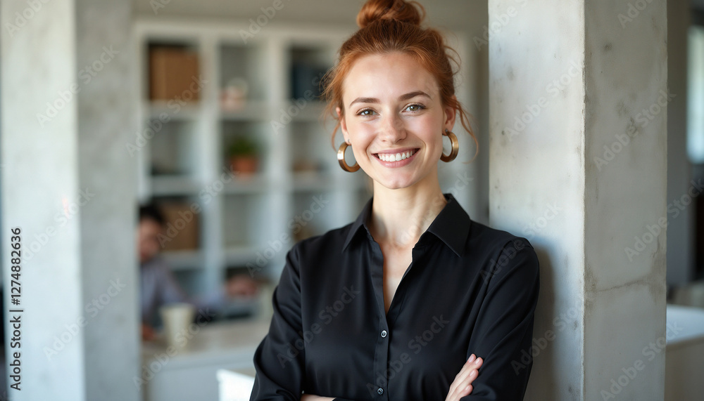 Smiling professional woman standing with confidence in a stylish office, symbolizing leadership, ambition, and success in professional settings.

