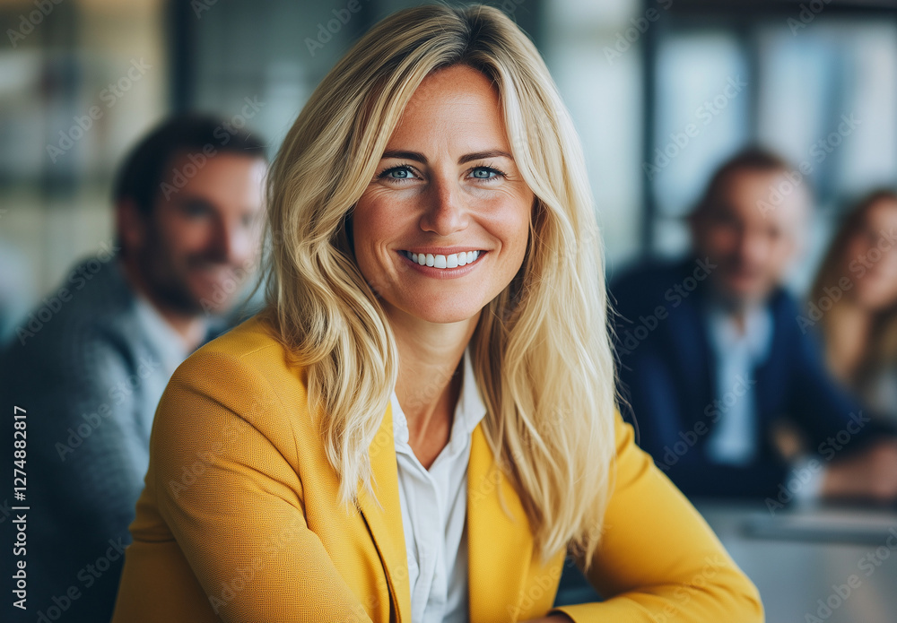 Fototapeta premium Young happy, beautiful smiling professional businesswoman, happy confident positive entrepreneur sitting on chair in office building and cafe background with lots of business people, looking at camera