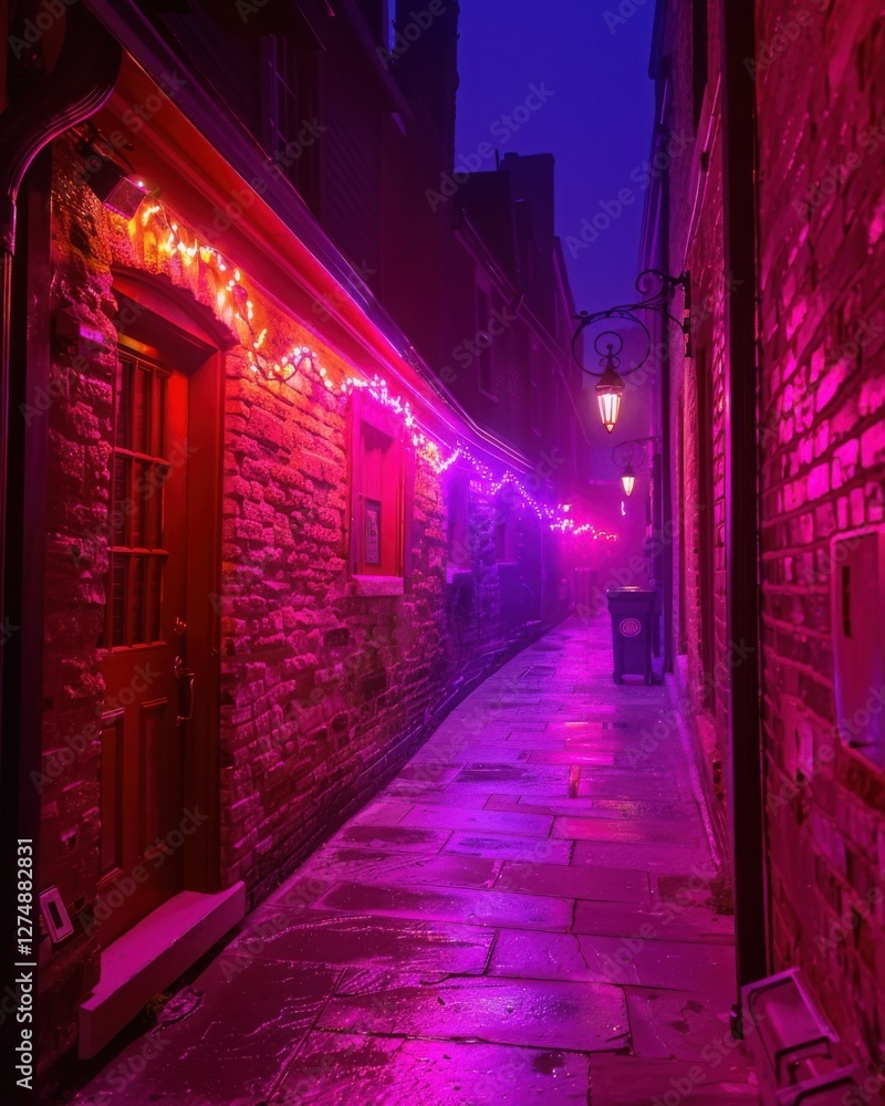 Fototapeta premium A narrow alleyway illuminated by colorful lights, creating a mystical atmosphere in a foggy setting.