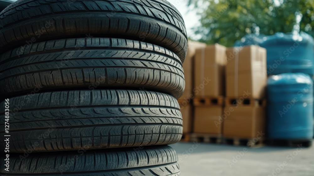 Close-Up of Stacked Tires with Industrial Background of Cardboard Boxes and Water Bottles Close-Up of Stacked Tires with Industrial Background of Cardboard Boxes and Water Bottles