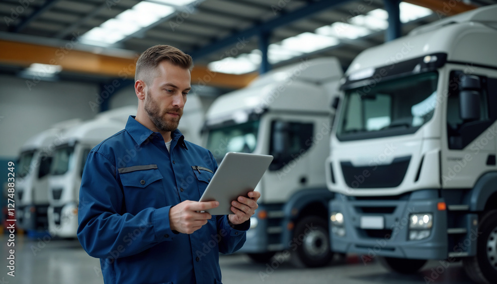 custom made wallpaper toronto digitalA professional fleet manager stands in a truck warehouse, examining logistics on a tablet, symbolizing industry operations, technology integration, and efficient transportation management.
