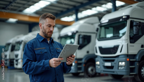 A professional fleet manager stands in a truck warehouse, examining logistics on a tablet, symbolizing industry operations, technology integration, and efficient transportation management.

