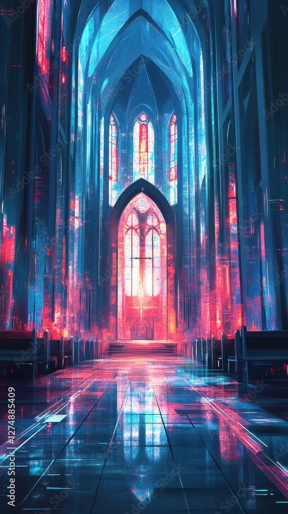 Fototapeta premium Majestic church interior displays vibrant stained glass windows and architecture