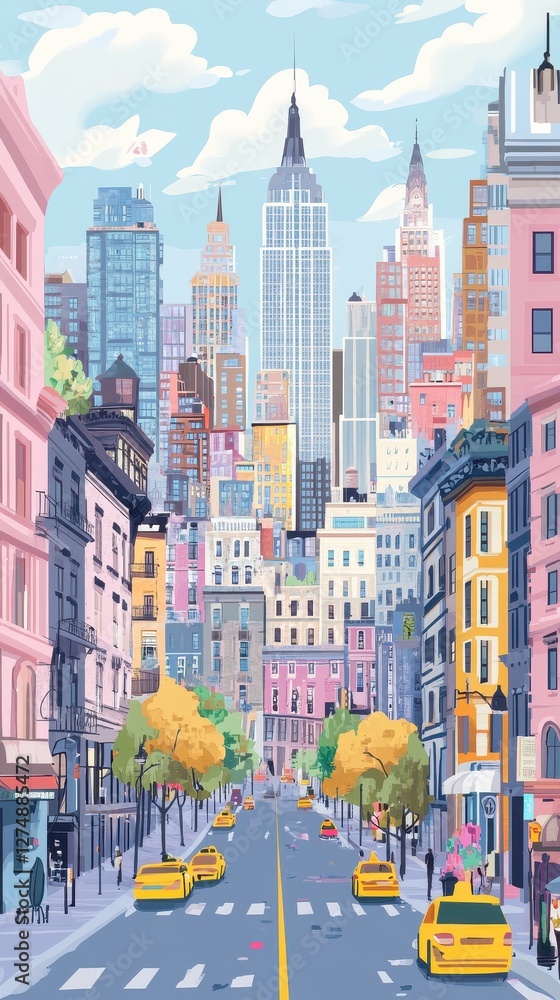 Obraz premium Cartoon style rendering of new york city street scene