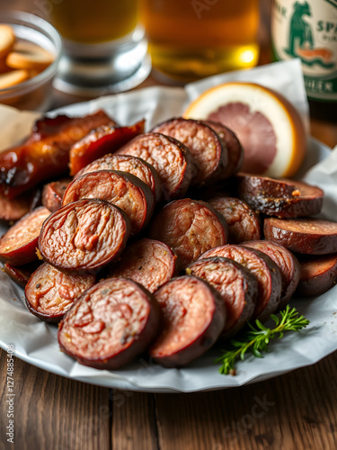 Meat smoked jerky - raw meat sausage meat. Close up view on tasty sliced Chicken basturma on paper plate on a wooden background . Beer snack. Pastirma photo