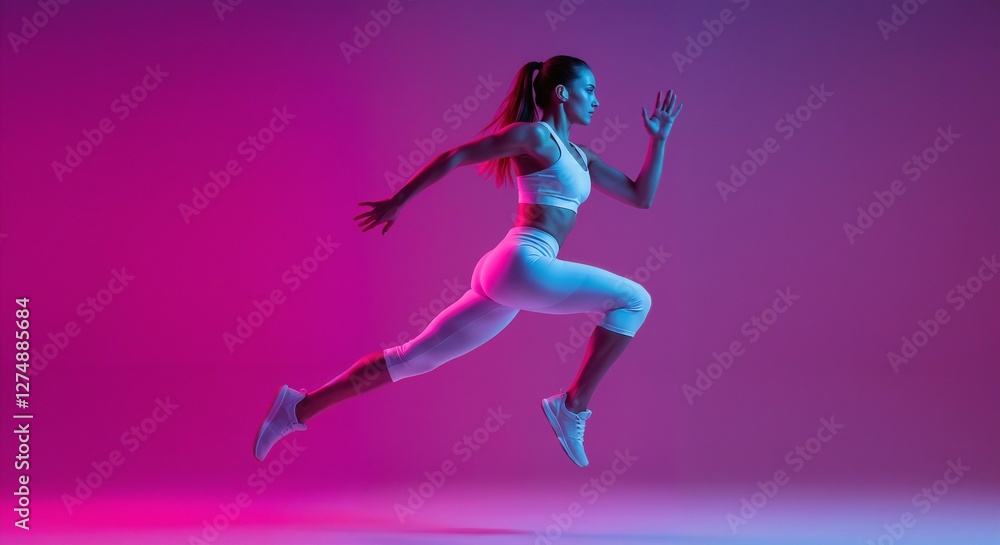 A fit woman performing dynamic running motion, illuminated by vibrant pink and blue studio lighting, depicting energy and fitness.
A fit woman performing dynamic running motion, illuminated by vibrant pink and blue studio lighting, depicting energy and fitness.