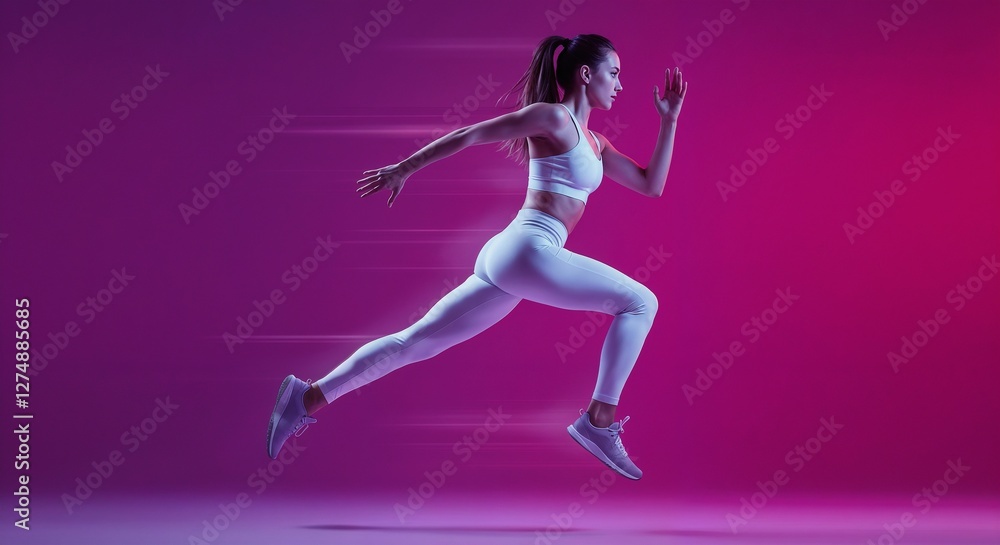 A fit woman performing dynamic running motion, illuminated by vibrant pink and blue studio lighting, depicting energy and fitness.
A fit woman performing dynamic running motion, illuminated by vibrant pink and blue studio lighting, depicting energy and fitness.