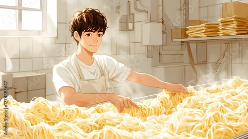 The master in the noodle shop cuts noodles like willow leaves