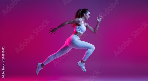 A fit woman performing dynamic running motion, illuminated by vibrant pink and blue studio lighting, depicting energy and fitness.

