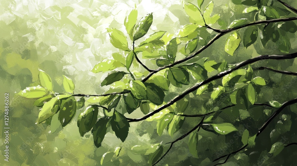 Sunlit Green Leaves: A Digital Painting of Tranquil Nature
