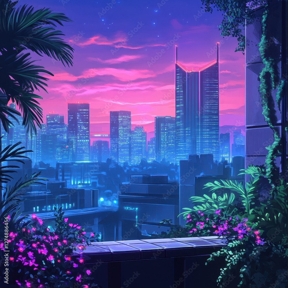 Obraz premium Anime style cityscape view from a balcony at dusk