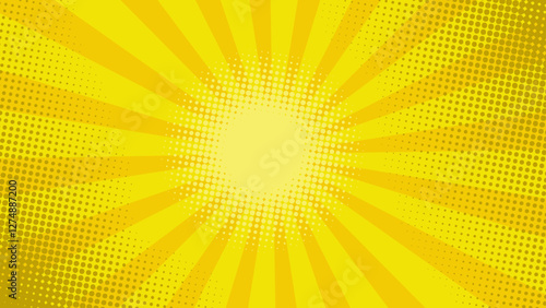 Comic or pop art background. Abstract yellow-orange background vector illustration with halftone dots pattern and rays of light in 16 : 9 wide screen format.