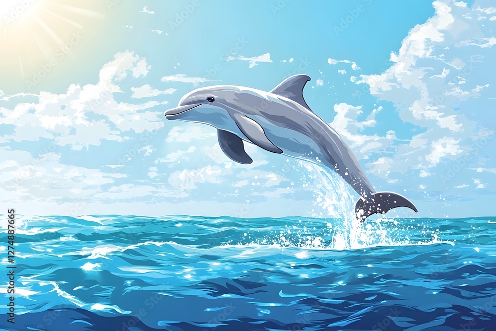 Obraz premium Dolphins leap out of the blue waves, shining with sunlight