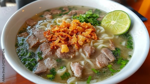 Wallpaper Mural A Bowl of Kuy Teav, a Cambodian Noodle Soup with Pork, Herbs, and Lime, Garnished with Fried Garlic Torontodigital.ca