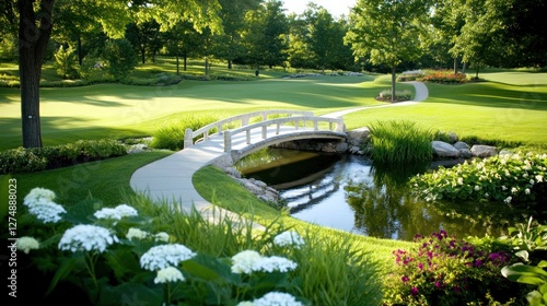 Serene Golf Course Landscape with Bridge and Pond