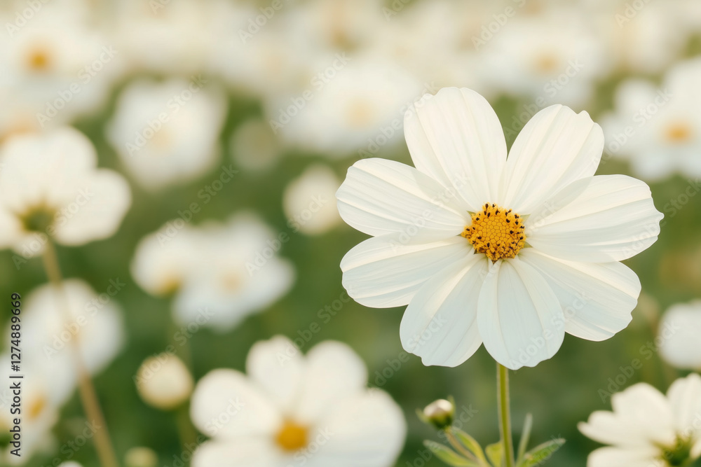 Close-up of a delicate white cosmos flower with a yellow center blooming in a sunlit field of blurred wildflowers Close-up of a delicate white cosmos flower with a yellow center blooming in a sunlit field of blurred wildflowers