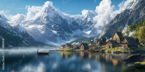 A viking village sits beside a fjord with snowy mountains