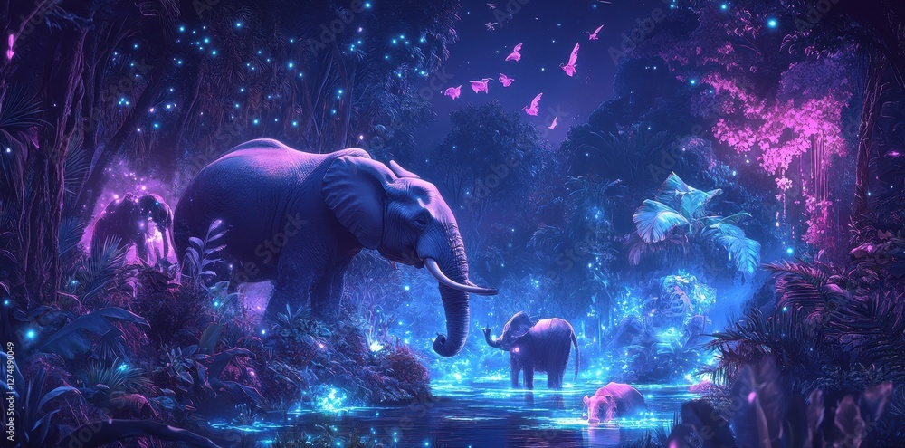 Elephants stand in glowing river surrounded by glowing flora Elephants stand in glowing river surrounded by glowing flora